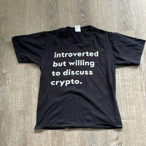 XS black statement tshirt “introverted but willing to discuss crypto” tee